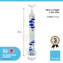 Load image into Gallery viewer, 30cm tall Free standing galileo thermometer with blue coloured baubles