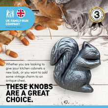 Load image into Gallery viewer, Pack of 2 CAST IRON SQUIRREL SHAPED DRAWER KNOBS for Kitchen cupboards | Cast Iron Antique style finish | Vintage charm meets modern functionality | 4cm wide x 2cm depth | Draw cabinet pull knob.