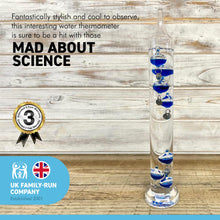 Load image into Gallery viewer, 30cm tall Free standing galileo thermometer with blue coloured baubles
