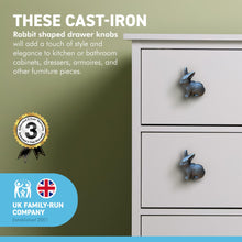 Load image into Gallery viewer, CAST IRON RABBIT SHAPED DRAWER KNOB for Kitchen cupboards | Cast Iron Antique style finish | Vintage charm meets modern functionality | 4cm wide x 2cm depth | Draw cabinet pull knob.
