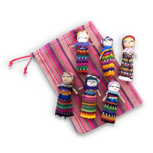 Load image into Gallery viewer, Set of 6 Guatemalan handmade Worry Dolls with a colourful crafted storage bag