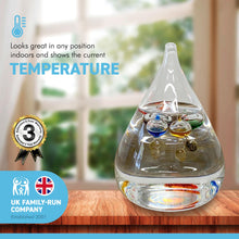 Load image into Gallery viewer, TEAR DROP shaped GALILEO THERMOMETER with five floating globes
