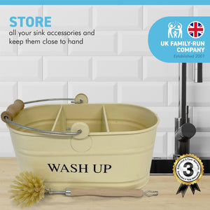 Cornish cream colour kitchen sink enamel washing up sink tidy with wooden handled brush