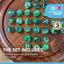 Load image into Gallery viewer, 22cm Diameter WOODEN SOLITAIRE BOARD GAME with LUSH GREEN SWIRL GLASS MARBLES