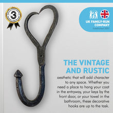 Load image into Gallery viewer, CAST IRON LOVE HEART HOOK | 12cm (H) x 6cm (W) | Decorative wall mounted entryway hall hook for hanging | Kitchen Bedroom Bathroom Coat Pegs Hooks