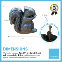 Load image into Gallery viewer, Pack of 4 CAST IRON SQUIRREL SHAPED DRAWER KNOBS for Kitchen cupboards | Cast Iron Antique style finish | Vintage charm meets modern functionality | 4cm wide x 2cm depth | Draw cabinet pull knob.
