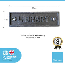 Load image into Gallery viewer, Cast Iron Antique Style LIBRARY PLAQUE SIGN | 15cm (L) x 4cm (H) | Ideal for bookshelves, walls, or doors