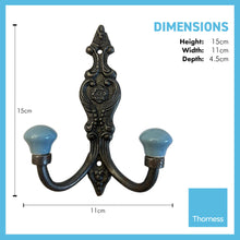 Load image into Gallery viewer, Set of 2 CAST IRON FRENCH STYLE DOUBLE ORNATE HOOKS | Duck Egg Blue Ceramic Ball Tops | Cloakroom Hook | Decorative Double Hook, hat and coat hook | 15cm x 11cm. .
