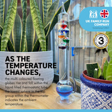 Load image into Gallery viewer, 33cm Tall GLASS GALILEO THERMOMETER with five coloured floating bauble globes | Centigrade and Fahrenheit display| Weather station | Barometer | Storm Glass | desk gadget