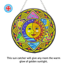 Load image into Gallery viewer, Glass sun catcher with sun and moon design | 150mm diameter with chain for hanging | colour catcher | window decoration | perfect for conservatory | living rooms | garden | garden hanging | suncatcher
