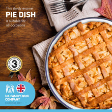 Load image into Gallery viewer, White 22cm diameter round enamel Pie Dish with navy blue edging | Tableware | Metal outdoor camping roasting oven dishes | Traditional classic style