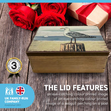 Load image into Gallery viewer, Wooden Keepsake Box with Seagull design | Jewellery box | Trinket Box | Memory Box | Keepsake and Wooden Gift Boxes | Wedding Gifts | Storage for Women and Men | keepsake boxes with lids