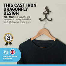 Load image into Gallery viewer, Cast Iron Dragonfly Double Robe Hook | Cloakroom Hook | Decorative Double Hook |Height 130mm x Width 100mm x Depth 30mm | Fixing Screws Supplied