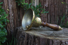 Load image into Gallery viewer, Wooden handled Solid Brass School Hand Bell with Split Ring Attachment | Dinner | Reception| School | Last Orders | Library Bell | Fire Bell | Christmas bell | 29cm high x 13cm diameter