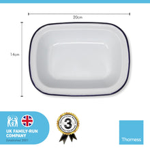 Load image into Gallery viewer, White 20cm long oval enamel Pie Dish with navy blue edging | Bring traditional style to your table