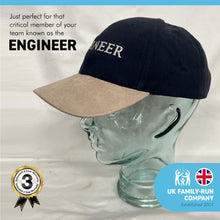 Load image into Gallery viewer, Adjustable size ENGINEER BLACK BASEBALL CAP | yachting cap | sailors cap | 100% cotton twill material | low profile front contrast peak | six panel hat