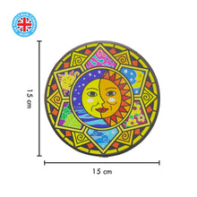 Load image into Gallery viewer, Glass sun catcher with sun and moon design | 150mm diameter with chain for hanging | colour catcher | window decoration | perfect for conservatory | living rooms | garden | garden hanging | suncatcher
