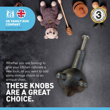 Load image into Gallery viewer, CAST IRON BEAR FACE DRAWER KNOB for Kitchen cupboards | Cast Iron Antique style finish | Vintage charm meets modern functionality | 3cm wide x 2cm depth