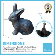 Load image into Gallery viewer, Pack of 2 CAST IRON RABBIT SHAPED DRAWER KNOBS for Kitchen cupboards | Cast Iron Antique style finish | Vintage charm meets modern functionality | 4cm wide x 2cm depth | Draw cabinet pull knob.
