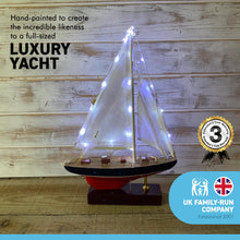 Load image into Gallery viewer, Illuminated detailed wooden assembled display model of a J Class style Yacht | LED lights along the mast and sails | ready for display | adjustable rigging blocks sewn cotton sails | length 25cm height 36cm