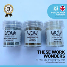 Load image into Gallery viewer, WOW! 3 piece Embossing Glitter Winter Collection| 3 x 15ml pots | Silver Sparkle Silver Snow and Metallic Gold Rich| Free your creativity and enhance your card making sparkle | High-quality and NON-TOXIC