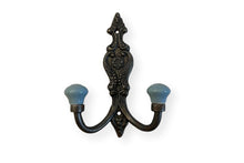 Load image into Gallery viewer, CAST IRON FRENCH STYLE DOUBLE ORNATE HOOKS | Duck Egg Blue Ceramic Ball Tops | Cloakroom Hook | Decorative Double Hook, hat and coat hook | 15cm x 11cm.