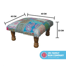 Load image into Gallery viewer, Classic turquoise patchwork brocade Indian footstool