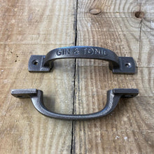 Load image into Gallery viewer, Two Cast iron antique square D Gin and Tonic table plate handle bar / home bar / home pub / pub shed / pub gift