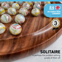 Load image into Gallery viewer, 30cm Diameter WOODEN SOLITAIRE BOARD GAME with GLASS Pan American WHITE MARBLES WITH MULTI COLOURED SWIRLS | classic wooden solitaire game | strategy board game | family board game | games for one
