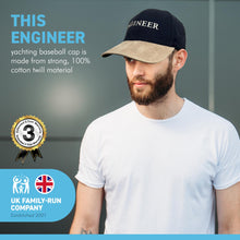 Load image into Gallery viewer, Adjustable size ENGINEER BLACK BASEBALL CAP | yachting cap | sailors cap | 100% cotton twill material | low profile front contrast peak | six panel hat