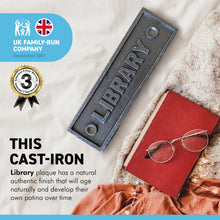 Load image into Gallery viewer, Cast Iron Antique Style LIBRARY PLAQUE SIGN | 15cm (L) x 4cm (H) | Ideal for bookshelves, walls, or doors