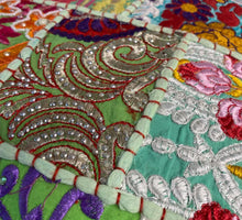 Load image into Gallery viewer, Classic patchwork brocade green Indian footstool