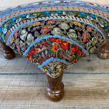 Load image into Gallery viewer, Classic Brocade, Diagonal Patchwork, Embroidered, Indian Footstool - Blue.