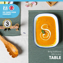 Load image into Gallery viewer, White 20cm long oval enamel Pie Dish with navy blue edging | Bring traditional style to your table