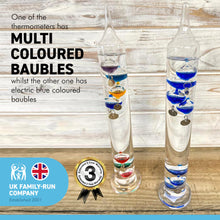 Load image into Gallery viewer, Set of Two 30cm Tall Free Standing Galileo Thermometers each with seven floating globes | measures temperatures from 16 degrees Centigrade to 28 degrees | also in Fahrenheit | Weather station
