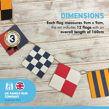 Load image into Gallery viewer, Wooden maritime signal flags bunting | Set of 12 flags 9cm x 9cm | Overall length 160cm | Naval Themed Decoration Pennant Banners for Home | Boat | Ship | Vessel | Birthday Indoor Outdoor Party