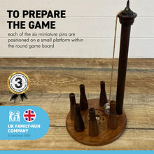 Load image into Gallery viewer, Handcrafted Bar skittles game Upcycled from antique spinning bobbins |wooden bowling set | Pub skittles set | table top skittles | Devil amongst the tailors | Indoor skittles