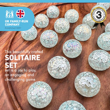 Load image into Gallery viewer, 30cm Diameter WOODEN SOLITAIRE BOARD GAME with SNOWFLAKE WHITE and AQUA GLASS MARBLES | |classic wooden solitaire game | strategy board game | family board game | games for one | board games