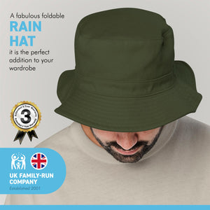 COUNTRY GREEN 60cm SHOWERPROOF BRIMMED TRILBY BUCKET STYLE HAT | Water-Repellent Bucket style Hat | 100% cotton | lightweight and breathable |foldable | Elasticated toggle for adjustable size