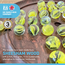 Load image into Gallery viewer, 22cm Diameter WOODEN SOLITAIRE BOARD GAME with BRILLIANT YELLOW GLASS MARBLES