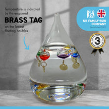 Load image into Gallery viewer, TEAR DROP shaped GALILEO THERMOMETER with five floating globes