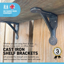 Load image into Gallery viewer, 2 x GALLOWS PENNY END SHELF BRACKETS – 6 X 6 Inch Grey Cast Iron Heavy Duty Pair of Wall Bracket for Shelves | Grey Shelf Brackets | Vintage Wall Shelf brackets | Classic Industrial Style Bracket