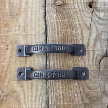 Load image into Gallery viewer, Two Cast iron antique square D Gin and Tonic table plate handle bar / home bar / home pub / pub shed / pub gift