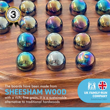 Load image into Gallery viewer, 30cm Diameter WOODEN SOLITAIRE BOARD GAME with LUSTERED BLUE GLASS MARBLES | classic wooden solitaire game | strategy board game | family board game | games for one | board games
