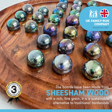 Load image into Gallery viewer, 30cm Diameter WOODEN SOLITAIRE BOARD GAME with JUNIPER SPECKLED BLUE GREEN GLASS MARBLES
