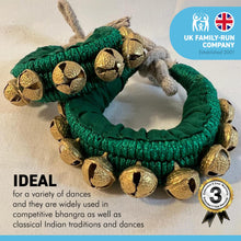 Load image into Gallery viewer, Pair of Classical Indian Ghungroos | Ankle bracelets | Green padded strap | Bhangra Kathak Dances | Anklets | Wedding Favours | Bollywood anklet | Ankle Foot Bracelet | Musical accessory
