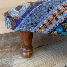 Load image into Gallery viewer, Classic Brocade, Diagonal Patchwork, Embroidered, Indian Footstool - Blue.