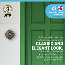 Load image into Gallery viewer, Cast iron traditional Quatrefoil shape Doorbell Push Button |10cm x 10cm | Brass push button with cast iron surround | Vintage style door bell push