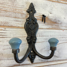 Load image into Gallery viewer, CAST IRON FRENCH STYLE DOUBLE ORNATE HOOKS | Duck Egg Blue Ceramic Ball Tops | Cloakroom Hook | Decorative Double Hook, hat and coat hook | 15cm x 11cm.