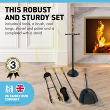 Load image into Gallery viewer, Large brass handled metal 5-piece fireside companion set | Fire companion sets | includes stand, brush, tongs, poker, and shovel | 63cm high